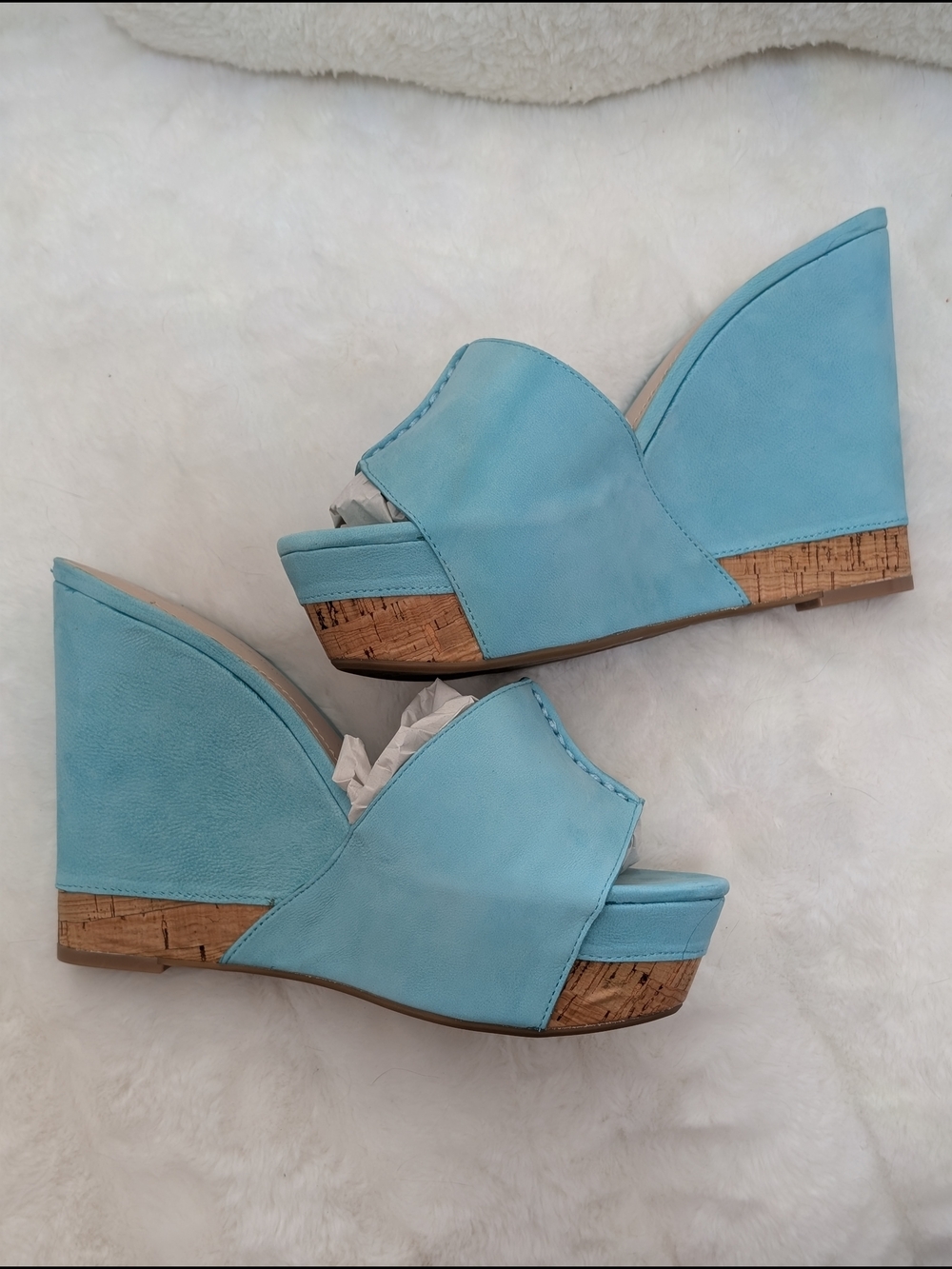 NWOT BCBGeneration "Rexx" Blue Suede Open-Toe Cork Wedge Slide Sz 8.5 - Picture 3 of 11